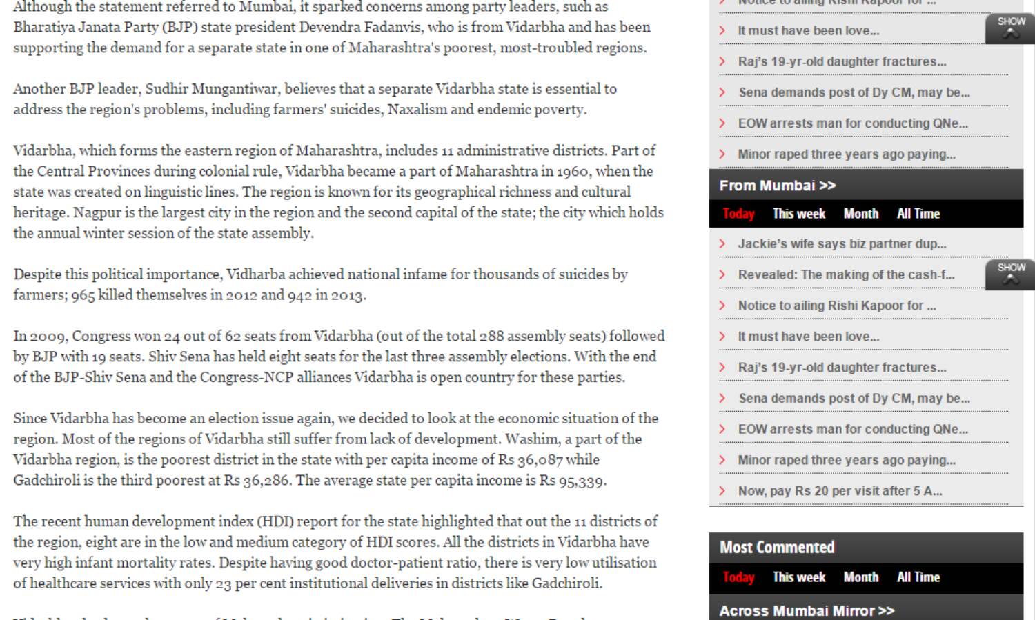 IndiaSpend - (Mumbai Mirror) Poor, Struggling, Isolated Vidarbha Is Up For Grabs