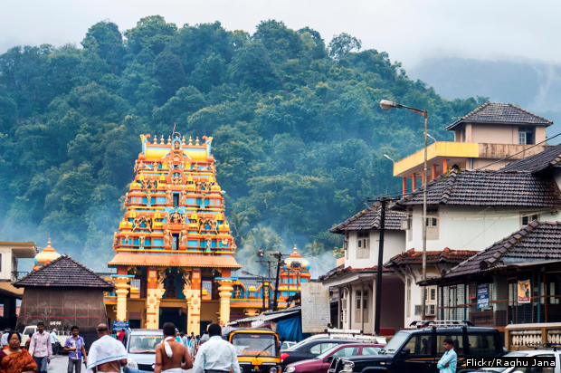 The temple gopura at Kukke Subrahmanya temple in Dakshina Kannada district, Karnataka. Subrahmanya, the son of Lord Shiva, is worshipped as the lord of snakes here.