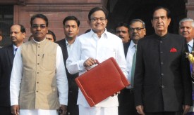 The Union Finance Minister, Shri P. Chidambaram departs from North Block to Parliament House along with Ministers of State for Finance, Shri Namo Narain Meena and Shri Jesudasu Seelam to present the Interim Budget 2014-15, in New Delhi on February 17, 2014